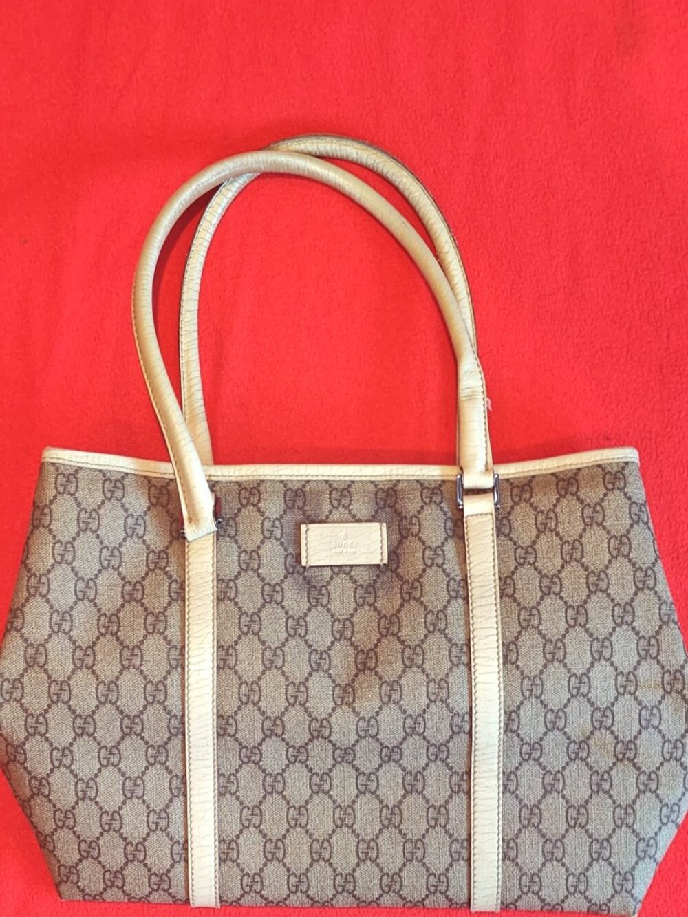 Gucci Tote Bag 114595 GG Canvas Leather Trim Brown Beige Authentic Shoulder Bag